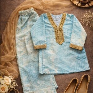 Eid Girls Light Blue Formal Tunic Set with Gold Embellishment | Ready to Ship
